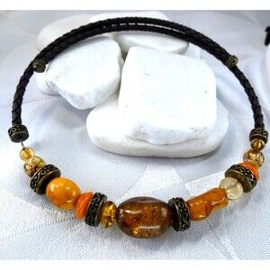 VTG Baltic Amber -Crystal-Leather Choker Necklace